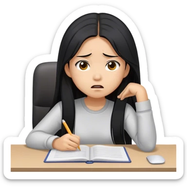 asian long hair girl frustrated studying at desk with computer  sticker