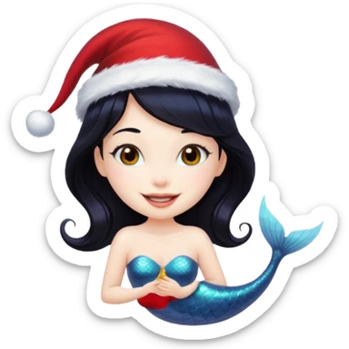 black haired mermaid with christmass hat sticker