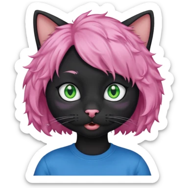 a Black cat wearing a short curly pink hair wig, blue T-shirt sticker