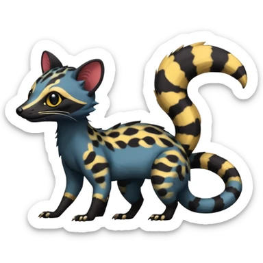 Rare warm-colored exotic edgy cute epic aesthetic spooky dark colorful Genet-Trico-Salandit-Civet-species-Fakemon-hybrid-creature, with beautiful intricate markings, full body sticker