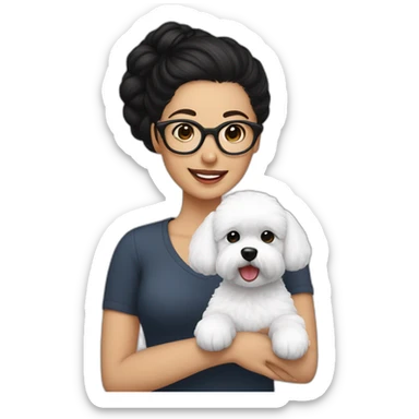 woman-black hair-bun-with glasses-with bichon dog-white-smile sticker