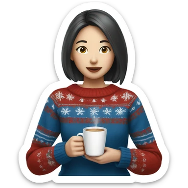 Asian girl drinking coffee wearing blue Christmas sweater sticker