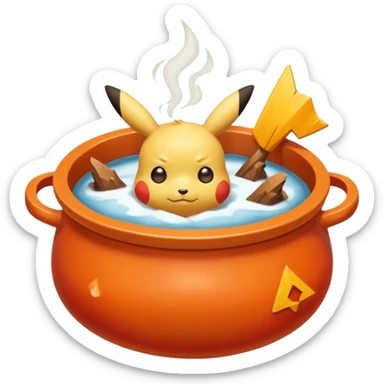 Un Pikachu rouge qui et triste avec des éclairs en fond et il a fait caca et pipi dans un pot orange et une montagne derrière  sticker