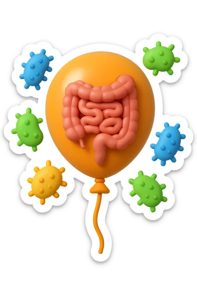 emoji stile iphone di un palloncino in 3d con intestino dentro e batteri intestinali intorno sticker