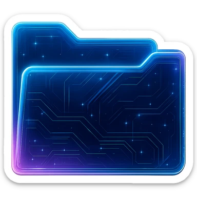 Edit the cyberpunk folder icon to make it look open, as if the top flap is lifted, without changing the design, style, or perspective. Keep the glowing neon blue and pink edges, circuit patterns, and transparent background exactly as they are. Maintain the original cyberpunk style and look while only adjusting the folder to appear open. sticker