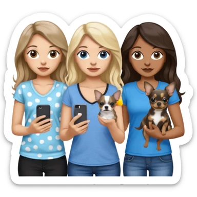 Three women in summer clothes holding iPhones, hazel eyed light skin with dark blonde long hair and Brown eyed,light skin,black long wavy hair, blue eyed light skin long blonde hair with 2 dogs, blue spotted Merle Frenchie and black and tan chihuahua  sticker