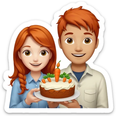 Redhead girl and Asian guy with carrot cake sticker