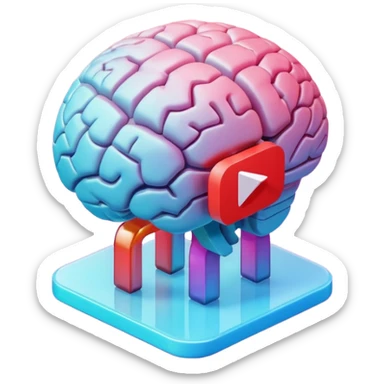 3D icon design, brain with YouTube play button symbol integrated into brain structure, glassmorphism style, soft shadows, gradient colors, modern app icon aesthetic, isometric view sticker