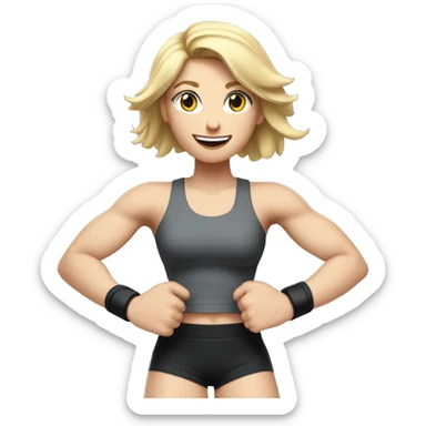 Close up Actively gesturing  with hands Pale skinned Fit woman With the biceps and blonde hair in dark gray Sleeveless Mike, black sports shorts, watch and white Sneakers sticker