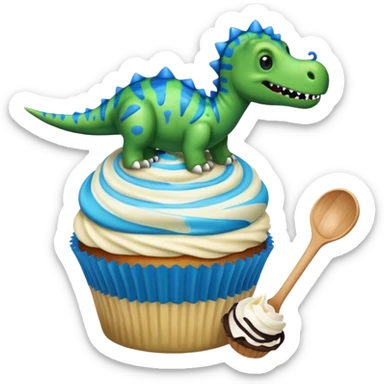 A cupcake having blue and black icing and a dinosaur as a decoration and ice cream next to it sticker