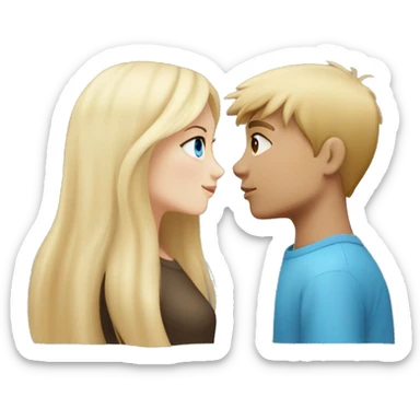 Girl with long back hair with bangs and tan skin kissing a boy with blonde hair blue eyes and white skin sticker