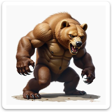 realistic warrior bear with detailed fur, fierce expression, dynamic pose, neutral background sticker