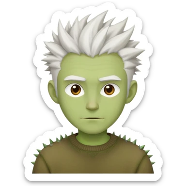 Green-skinned guy with white hair spiky ears white shirt and brown sweater sticker