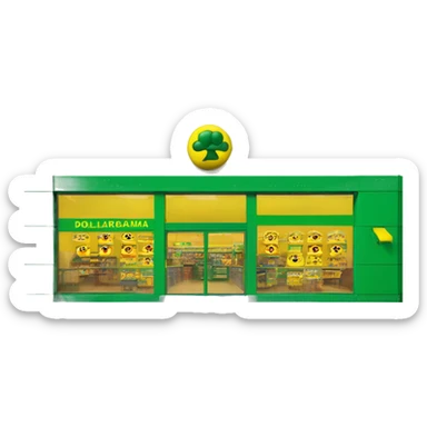 “Exterior of a Dollarama store with the bright green facade, bold yellow Dollarama sign, large front windows, and entrance doors, capturing the look of a budget-friendly retail store.” sticker