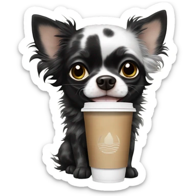 Fluffy spotted Merle long hair black chihuahua drinking Starbucks  sticker