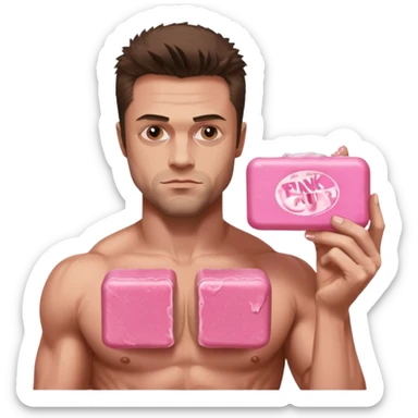 Tyler Durden, holding pink soap like the fight club poster sticker