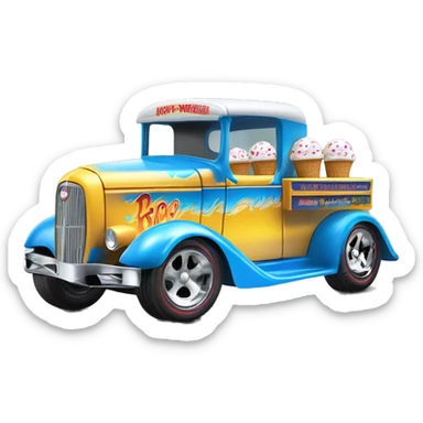 Hot rod, Hot wheels style, ice cream truck from 1934 with wide chrome mag wheels, blue, no ice cream on top of truck, open selling window.  sticker