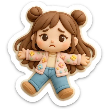 3D chibi girl in fondant cake art style, high-quality rendering with smooth shadows and soft gradients, long brown hair in two space buns, brown eyes, jeans, pastel floral cardigan, thick white outline like a sticker, transparent background, lying flat on the floor arms spread looking sad, preserve facial features from reference image sticker