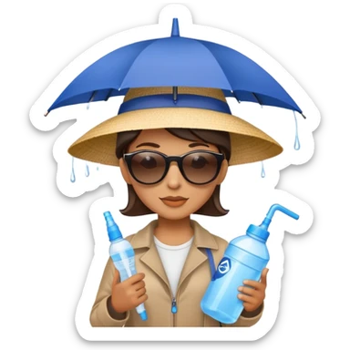 Person with an umbrella, gallon of water, hat, and sunscreen sticker