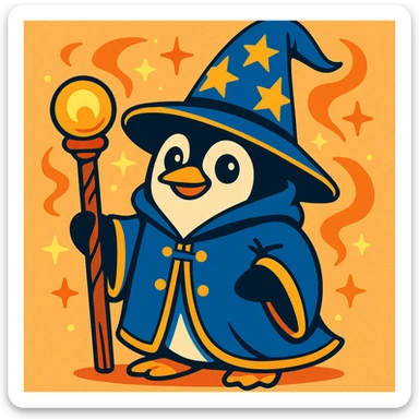 whimsical penguin dressed as a wizard, pointed hat, magic staff, playful and magical atmosphere sticker