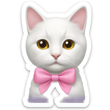 A white cat wearing a pink bow sticker