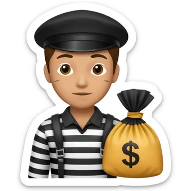 Robber in black and white stripe uniform holding bag of money sticker