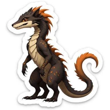 Brown and beige badass elegant wild beautiful natural cute badass epic exotic anthro modern furry 2-legged sergal-vernid-Salandit-creature, full body, dark-brown-black-gradient pretty hair, with a long tufted tail, beautiful hazel-orange eyes, aesthetic, art by LiLaiRa, art by art by Falvie sticker