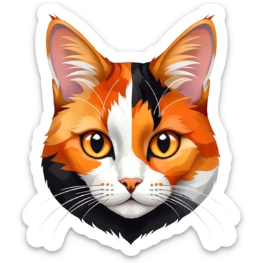cinematic-noble-calico-cat-portrait-emoji,-poised-and-regal,-with-a-striking-patchwork-fur-in-vibrant-orange,-black,-and-white-hues,-delicate-whiskers-and-a-refined,-focused-gaze,-simplified-yet-exquisitely-detailed,-glowing sticker