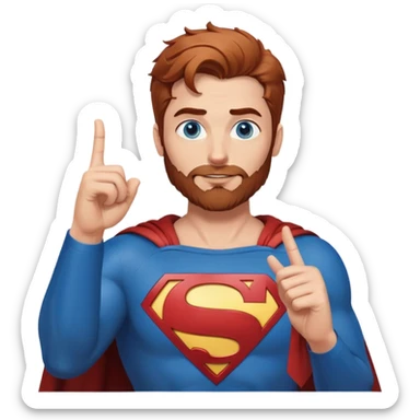 Adult-tall-full body- Superman-with redish brownish messy hair-full neatly trimmed beard-blue eyes-finger heart gesture sticker