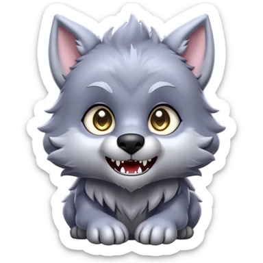Cinematic Cute Werewolf Portrait Emoji, with a cuddly, miniature lupine form in soft moonlit grays and silvers, featuring oversized sparkling eyes and a sweet, endearing snarl, simplified yet irresistibly adorable, highly detailed with a gentle glowing outline that captures the playful, heartwarming essence of a little werewolf! sticker