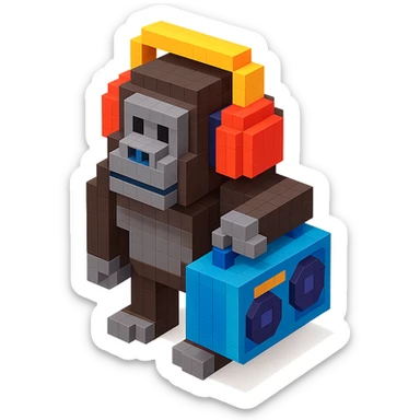 voxel style gorilla with headphones, holding a boombox, isometric view sticker