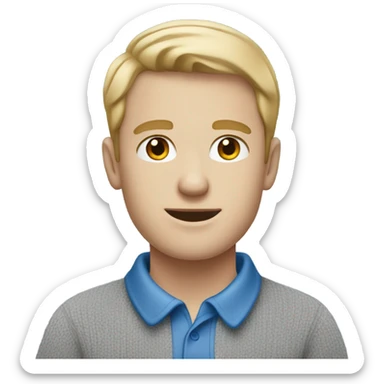 A guy with a pale skin, in blue polo shirt and a grey sweater sticker