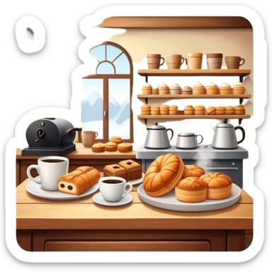 cozy cafe interior with coffee cups and pastries sticker
