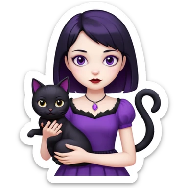 Cute vampire girl with short black hair wearing purple dress holding black cat sticker