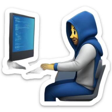 Adult Developer with a dark blue hood behind his computer and focus on his code  sticker