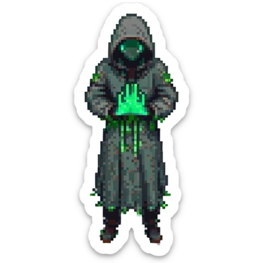 hooded figure with glowing green hands, surrounded by small trees, leaves, or vines sticker