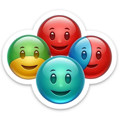 Cute 3D cartoon emoji style sticker of a 3 glass and ball game, glossy plastic texture, soft lighting, smooth shadows, playful expression, high detail, white outline sticker, transparent background (glass color green, red, & blue) sticker