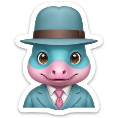 cute light blue turqiouse platypus head, mysterious with very big eyes with a detective hat and monocle on his eye, no  hands, looks like a platypus but blue, the hat and suit are pink sticker