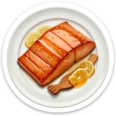 create a Honey Glazed Salmon

Camera angle: slightly elevated top-down view with a gentle bird’s-eye perspective (about 15–20°), identical perspective and scaled do not add anything  on plate  sticker