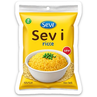 yellow rice in a packet without any face on it with the name on the packet "sev" sticker