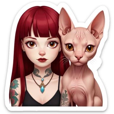 girl with long dark red straight bangs hair and tattoos and a Sphynx sticker
