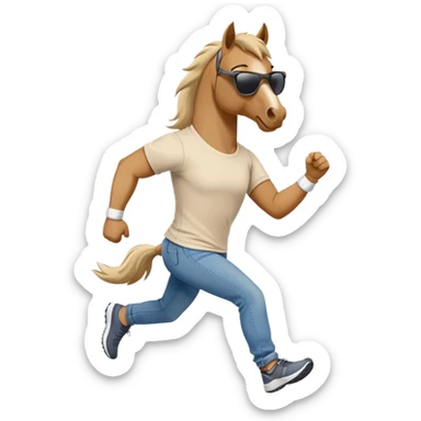 friendly anthropomorphised stallion in jeans and a t-shirt, wearing dark sunglasses, jogging upright in relaxed pose sticker