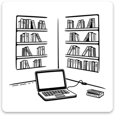 A cozy library with curved bookshelves and an open old-school laptop

 sticker