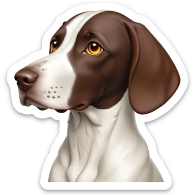 Cinematic Noble German Pointer Portrait Emoji, Poised and regal, with a lean, athletic build and a sleek, short coat in liver and white, deep-set soulful brown eyes, Simplified yet sharp and sophisticated features, highly detailed, glowing with a soft, dignified glow, high shine, intelligent and driven, stylized with an air of determination, focused and attentive, soft glowing outline, capturing the essence of a watchful and commanding hunter, so majestic it feels as though it could sprint out of the screen with effortless authority! sticker