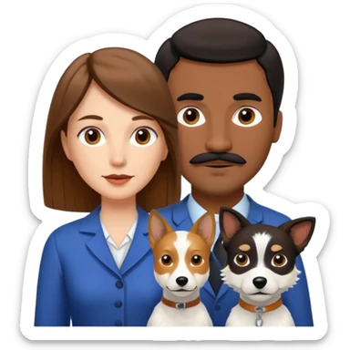 Quiero a una mujer blanca  con el pelo por el hombro lacio castaño  con un hombre de color morochito con el pelo negro y bigote, y un perro blanco Fox terrier  sticker