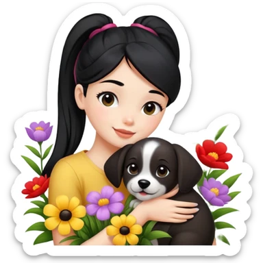 A beautiful girl with black ponytail happily hugs a dog in the flowers sticker
