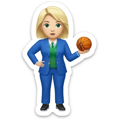 Full Body white plus size female basketball head coach with whistle  blonde hair shoulder length in a blue and green suit sticker