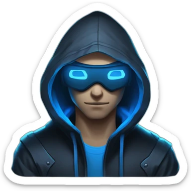 developer behind his laptop with this style : Riot Games Valorant neon blue eyes glowing bright blue character blue black hooded assassin themed character sticker