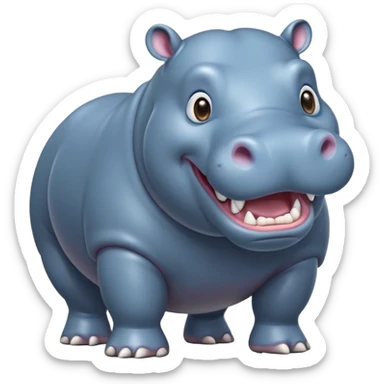 cinematic-hippo-realistic-full-body-side-view-standing-on-all-fours-emoji,-massive-round-frame,-wide-mouthed-grin-exposing-huge-teeth,-head-tilted-dramatically,-thick-greyish blue-hide-glossy, big cute eyes sticker