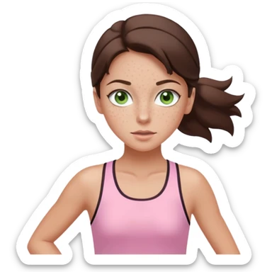 a white brunette girl with green eyes and freckles going for a run in a light pink outft sticker